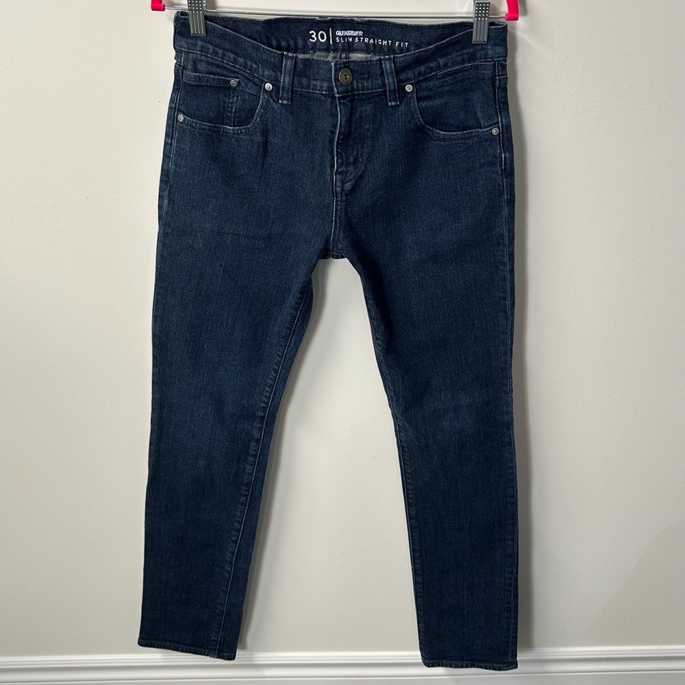 '14 QUIKSILVER men's dark wash slim straight embroidered jeans, 30".